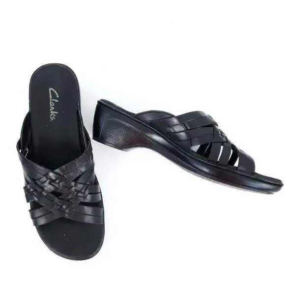 Clarks Sandals Black Slide on Leather Shoes 9M - Picture 5 of 7